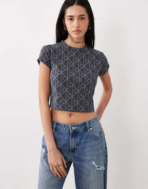 Calvin Klein Jeans - Cropped grå baby-T-shirt med indpræget logoprint, 2 af 4