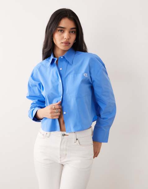 Calvin Klein Jeans – Cropped-Hemdbluse aus Baumwoll-Popeline in Blau - view 1