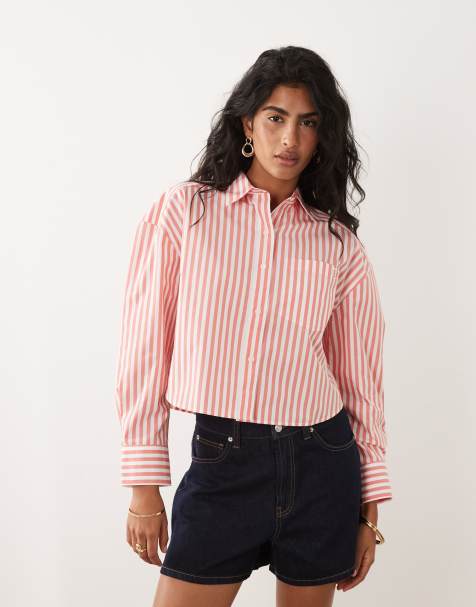 Calvin Klein Jeans – Cropped-Hemdbluse aus Baumwoll-Popeline in Rot gestreift - view 1