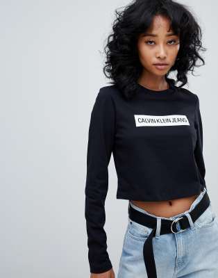 Calvin Klein Jeans cropped long sleeve top with stripe logo | ASOS