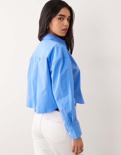 Calvin Klein Jeans - Cropped overhemd van katoenen popeline in blauw, 4 van 4