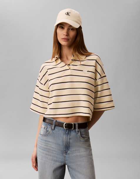Calvin Klein Jeans cropped pique striped polo top in vanilla - view 1