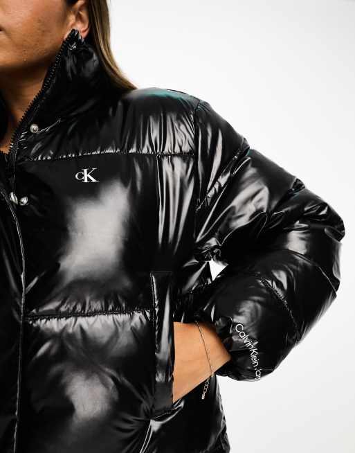 Calvin Klein Jeans cropped shiny puffer jacket in black