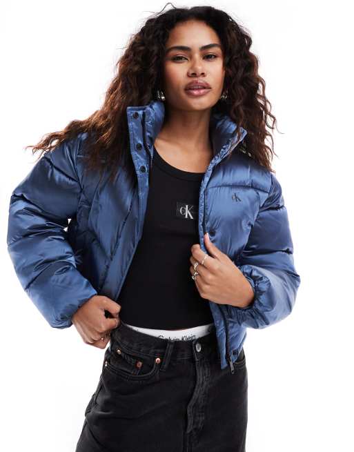 Calvin Klein Jeans cropped shiny puffer jacket in light blue