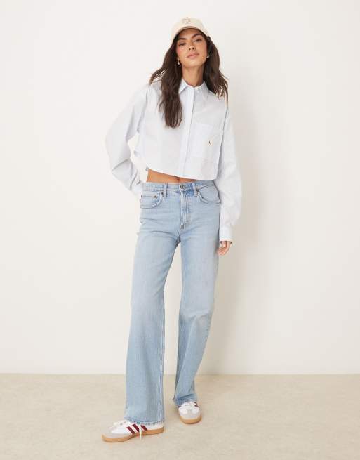 Calvin Klein Jeans - Cropped skjorte med vævet mærke og blå striber, 3 af 4