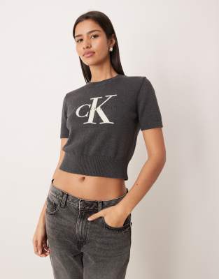 Calvin Klein Jeans - Cropped-Strickoberteil in Anthrazitgrau mit Monogramm-Logo