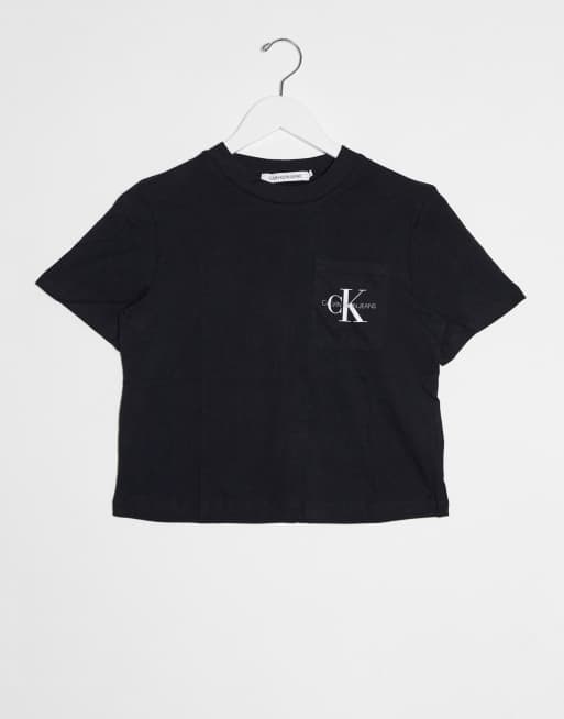 Calvin Klein Jeans cropped t shirt with pocket logo in black