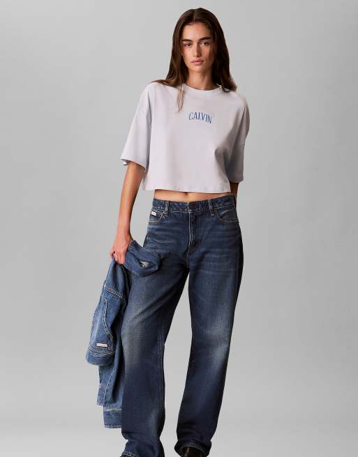 Calvin Klein Jeans Cropped varsity logo t-shirt in plein air, 2 of 6