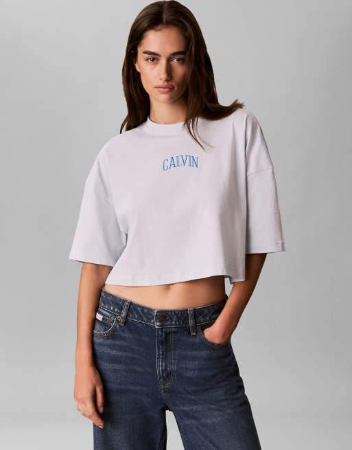 Calvin Klein Jeans Cropped varsity logo t-shirt in plein air, 3 of 6