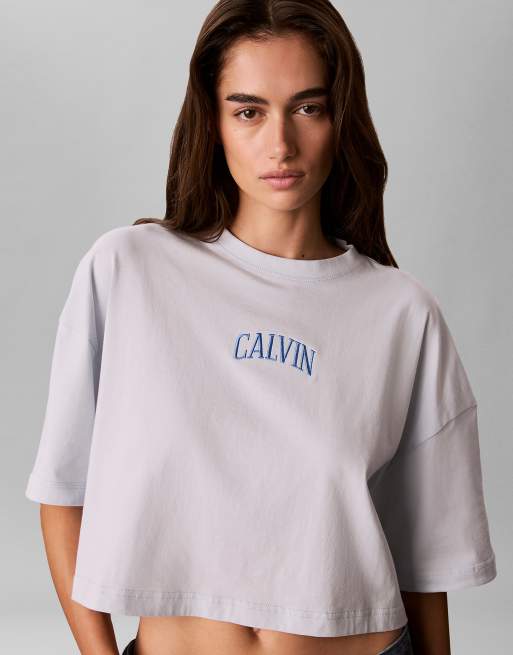 Calvin Klein Jeans Cropped varsity logo t-shirt in plein air, 5 of 6