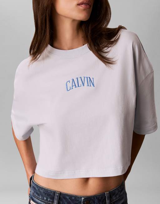 Calvin Klein Jeans Cropped varsity logo t-shirt in plein air, 6 of 6