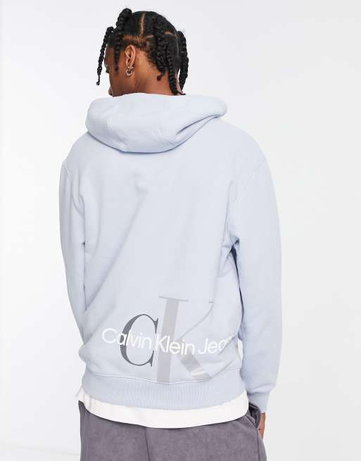 Calvin Klein Jeans cut off two tone logo hoodie in light blue ASOS