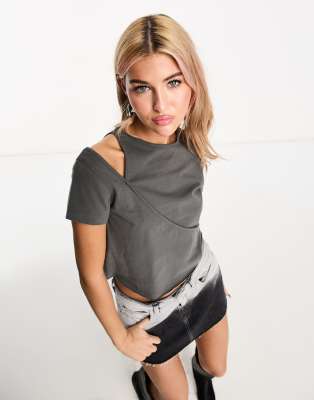 Calvin Klein Jeans cutout baby t-shirt in gray - exclusive to ASOS