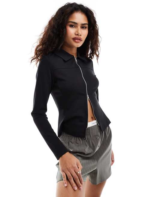 Calvin Klein Jeans – Czarny top z długimi rękawami zapinany na zamek