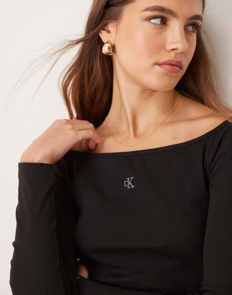 Calvin Klein Jeans off shoulder top in black - ASOS Exclusive