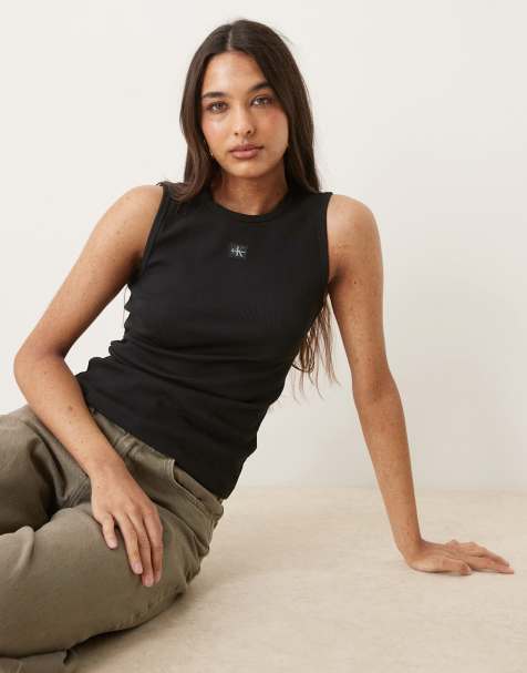 Calvin Klein Jeans - Débardeur côtelé en coton à étiquette tissée - Noir - view 1
