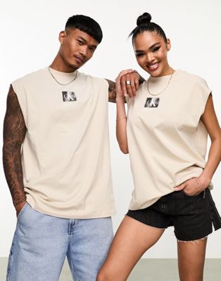 Calvin Klein Jeans unisex box logo tank t-shirt in beige - ASOS Price Checker