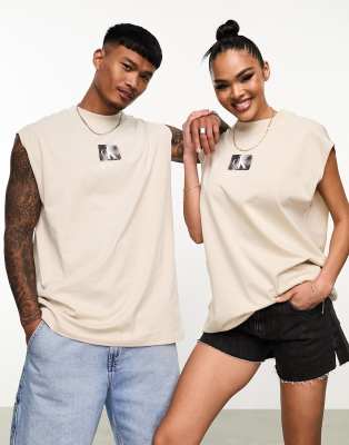 Calvin Klein Jeans unisex box logo tank t-shirt in beige - ASOS Price Checker