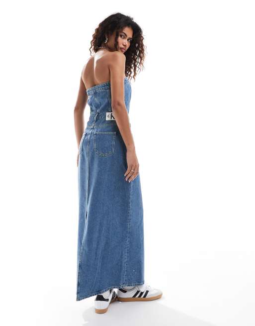 Calvin Klein Jeans denim bandeau maxi dress in light wash ASOS