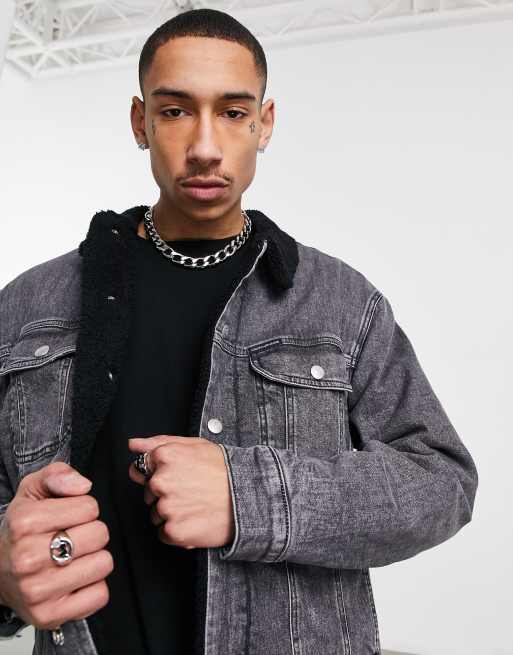 Calvin Klein Jeans denim jacket with sherpa collar in washed black | ASOS