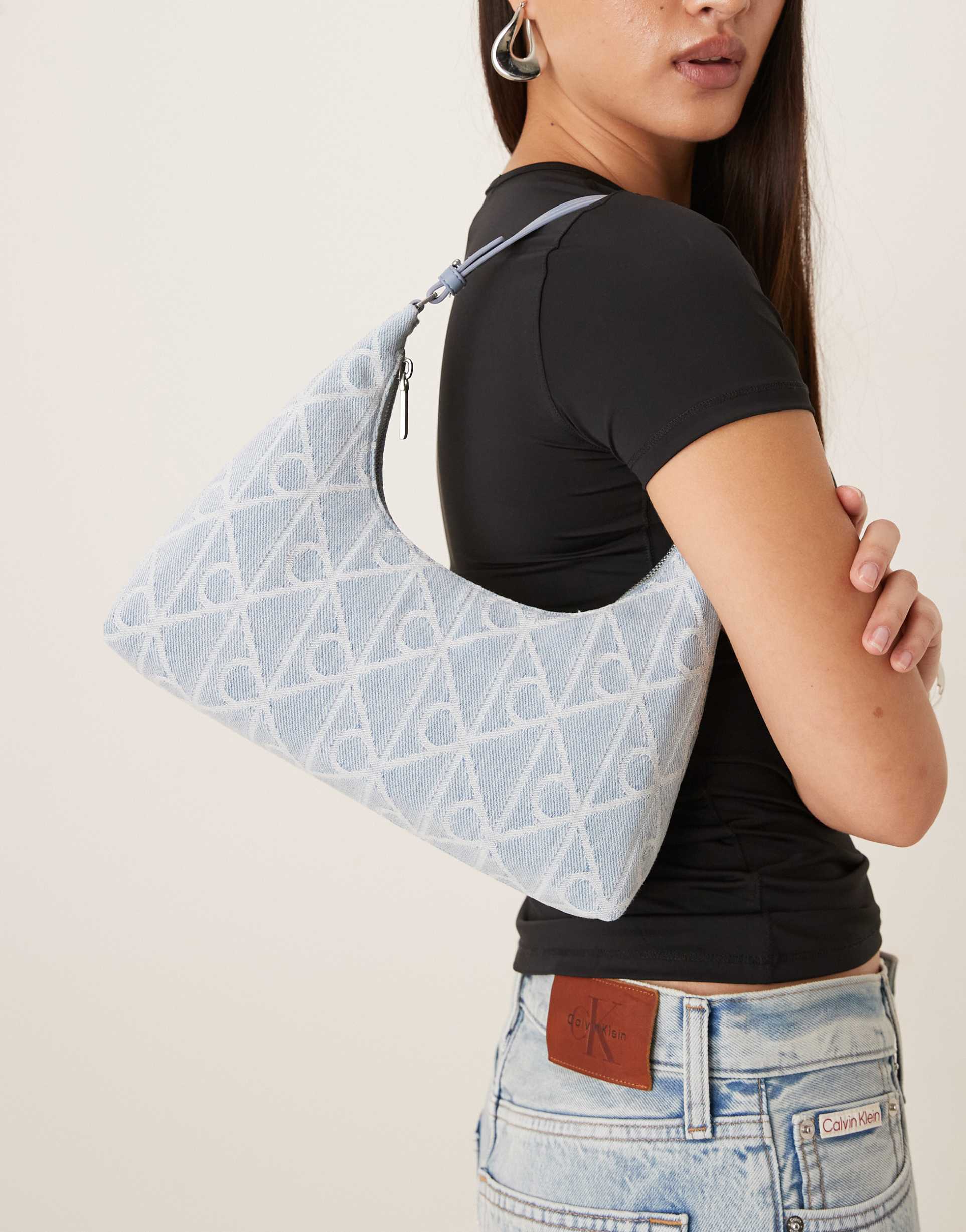 calvin klein jeans denim logo print shoulder bag in light wash