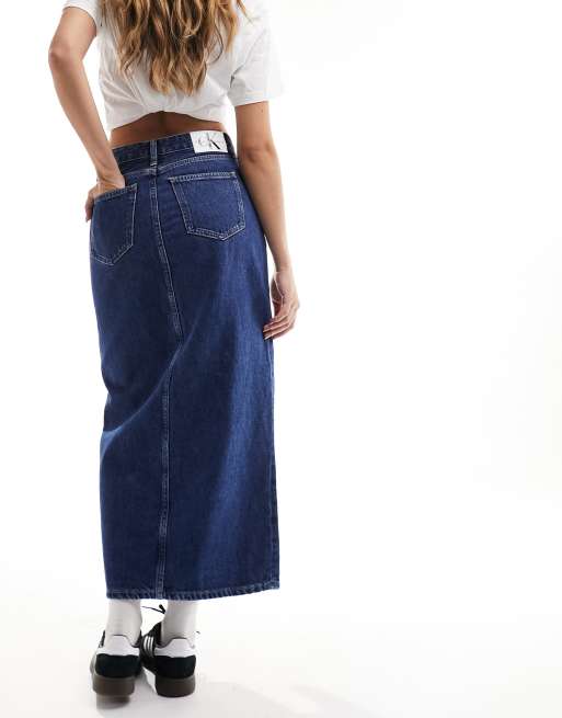 Calvin Klein Jeans - Denim-maxinederdel med slids foran i mørk vask, 3 af 5