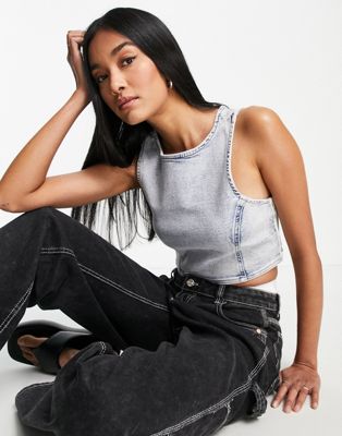 Calvin Klein Jeans denim shell top with logo taping in light wash  - ASOS Price Checker