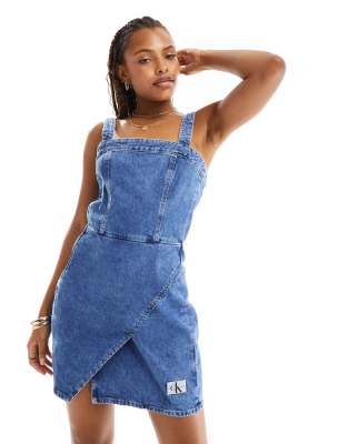 Calvin Klein Jeans Denim Sleeveless Wrap Dress in Denim Medium | ASOS