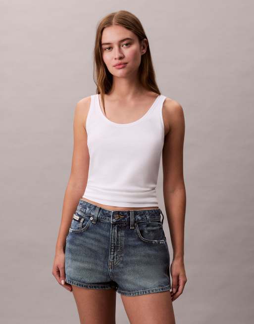 Calvin Klein Jeans distressed denim hot pants in dark wash, 2 of 5