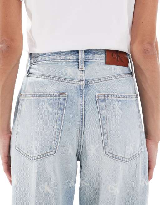 Calvin Klein Jeans distressed logo print wide leg jeans in light wash, 4 of 5