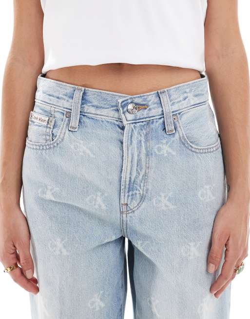Calvin Klein Jeans distressed logo print wide leg jeans in light wash, 5 of 5