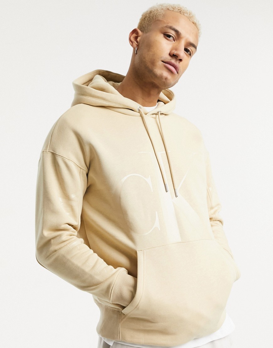 Calvin Klein Jeans - Eco hoodie in beige met logo in dezelfde tint-Neutraal