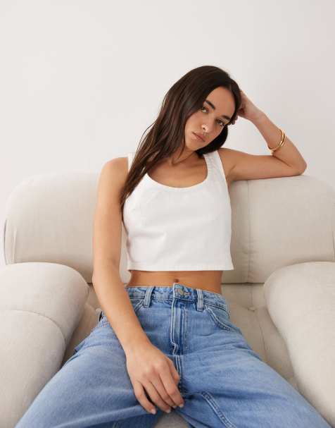 Calvin Klein Jeans - Ecrufarvet bralettetop i denim med gentagne laserskårne logoer - view 1