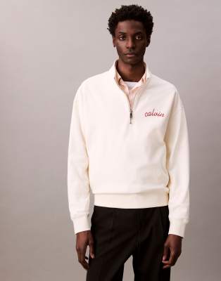 embroidered chest logo 1/4 zip sweatshirt in off white