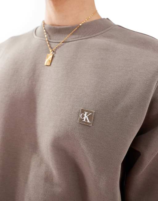 Calvin Klein Jeans embroidered logo crew neck sweatshirt in beige, 3 of 4