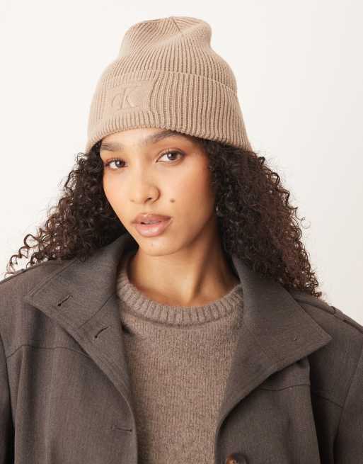 Calvin Klein Jeans embroidered logo rib knitted beanie in tan 
