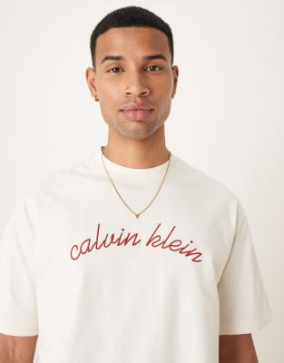 Calvin Klein Jeans embroidered logo t-shirt in off white - view 1