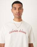 [Calvin Klein Jeans] Calvin Klein Jeans embroidered logo t-shirt in off white Chest 34 Tofu