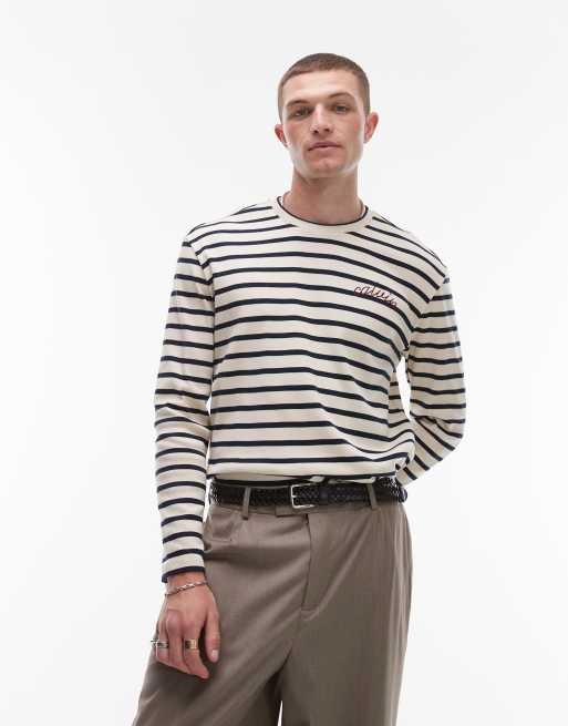 Calvin Klein Jeans embroidered long sleeve top in white stripe