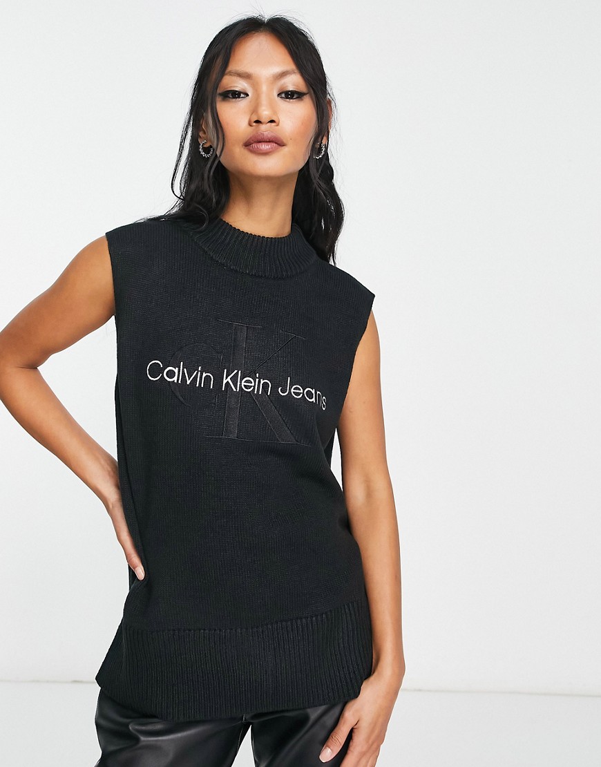 Calvin Klein Jeans embroidery logo mock neck tank top in black