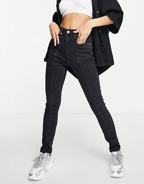 zweifarbige jeans mit hoher taille und geradem bein in Schwarz Calvin Klein Denim Damen Bekleidung Jeans Jeans mit gerader Passform 