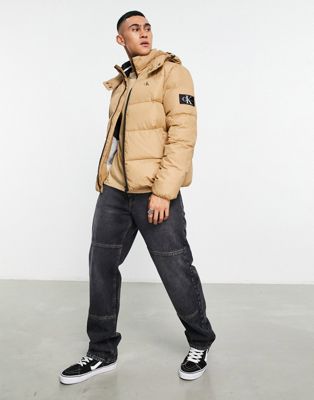 Calvin Klein Jeans essentials logo detatchable hood down puffer jacket in camel