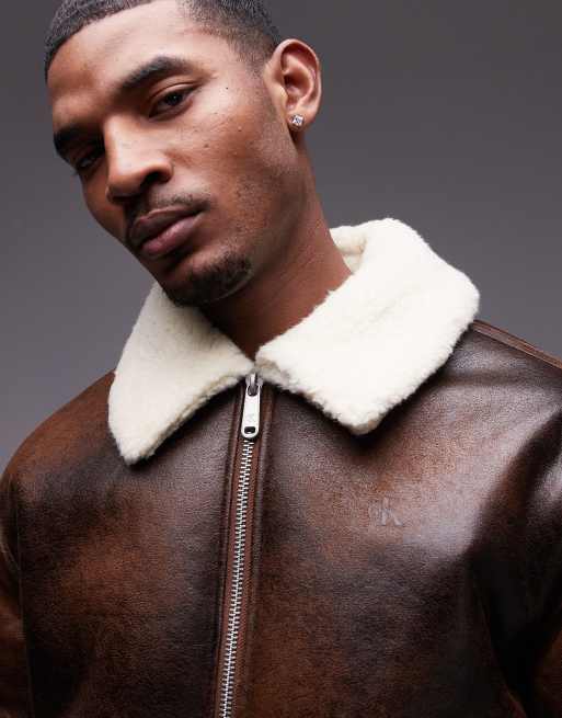 Calvin Klein Jeans faux leather aviator jacket in brown ASOS Exclusive ASOS