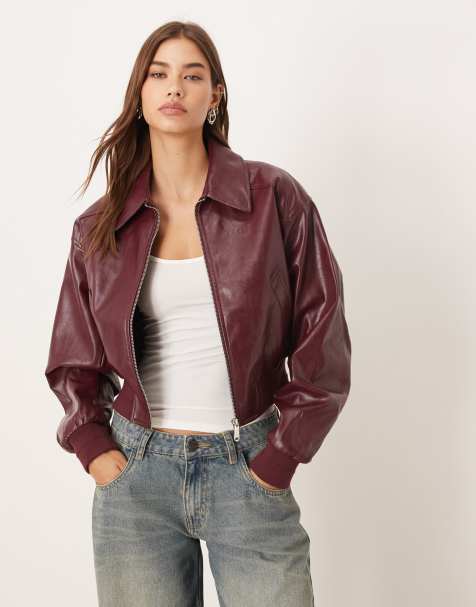 Calvin Klein Jeans faux leather bomber jacket in burgundy - view 1