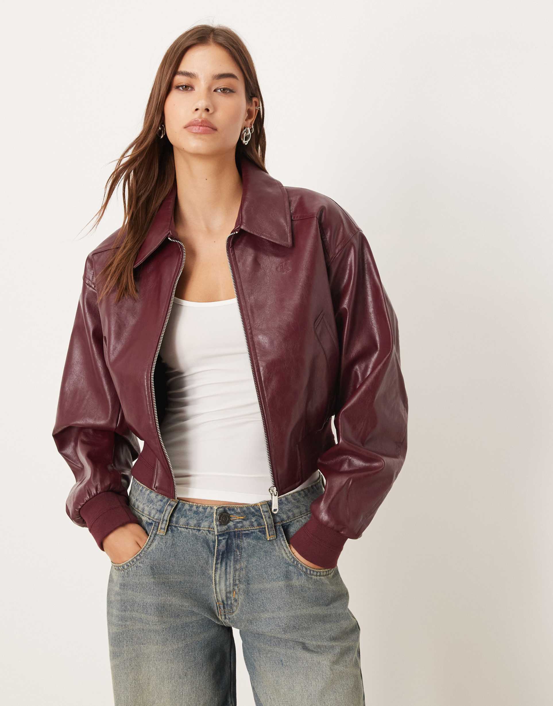 calvin klein jeans faux leather bomber jacket in burgundy