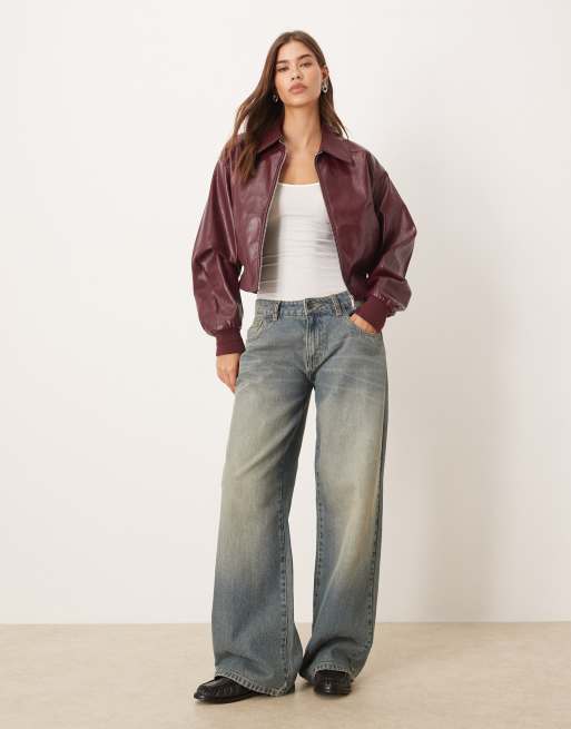 Calvin Klein Jeans faux leather bomber jacket in burgundy, 2 of 4