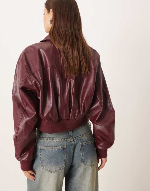 Calvin Klein Jeans faux leather bomber jacket in burgundy, 4 of 4