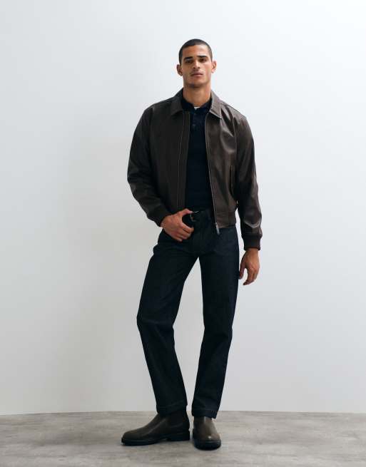 Calvin Klein Jeans faux leather bomber jacket in chocolate brown , 2 of 5