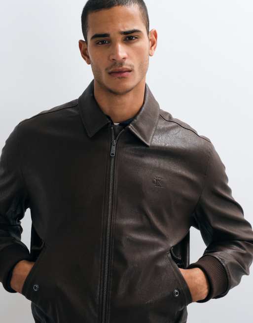 Calvin Klein Jeans faux leather bomber jacket in chocolate brown , 4 of 5