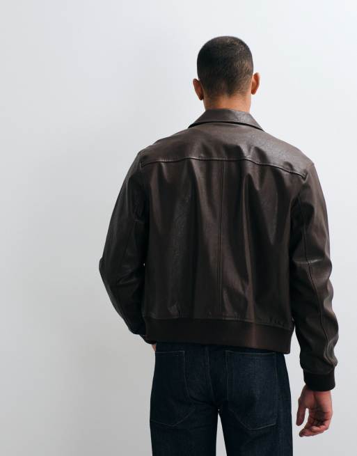 Calvin Klein Jeans faux leather bomber jacket in chocolate brown , 5 of 5